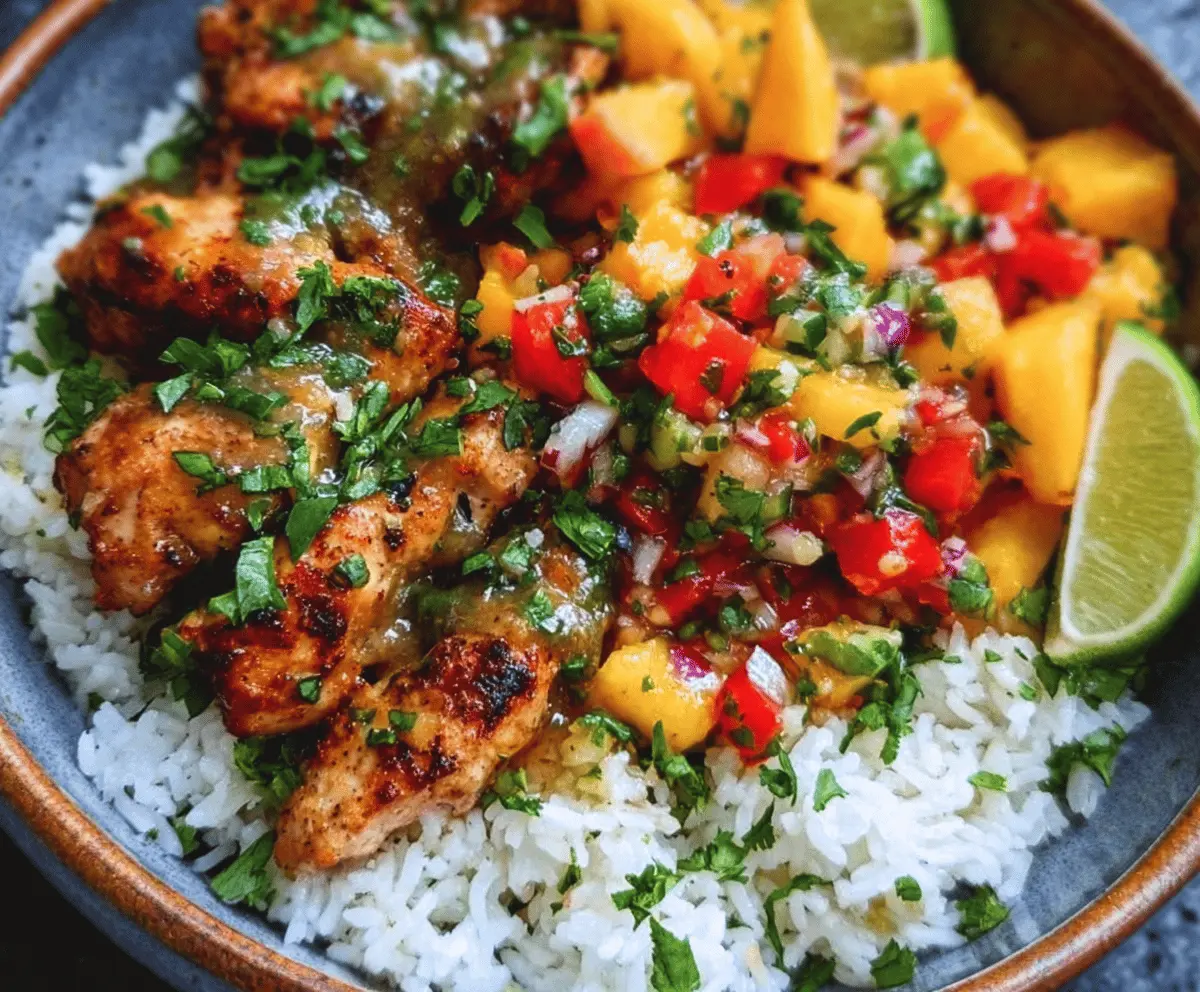 Easy Cilantro Lime Chicken Bowls with Peach Salsa
