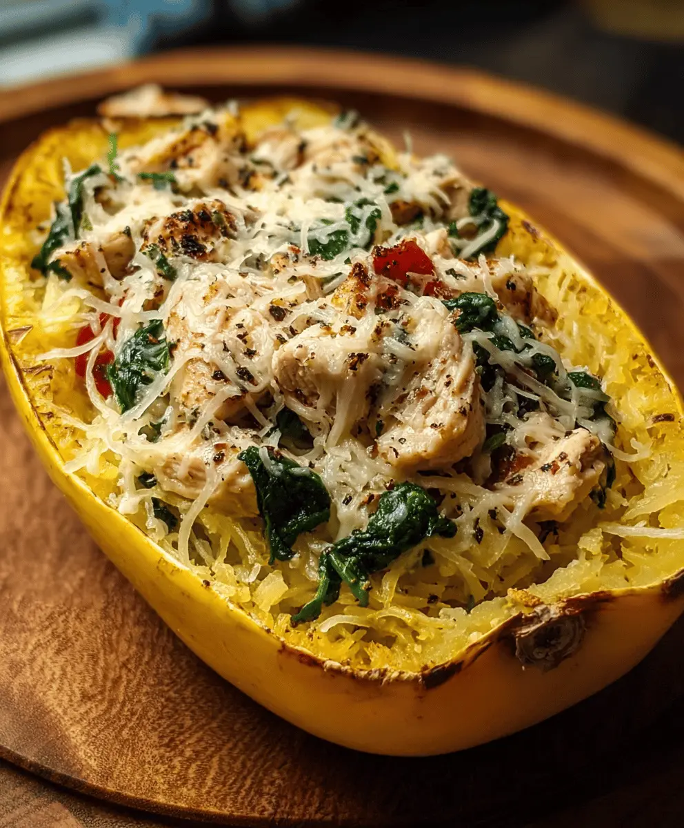 Garlic Parmesan Stuffed Spaghetti Squash with Chicken and Spinach