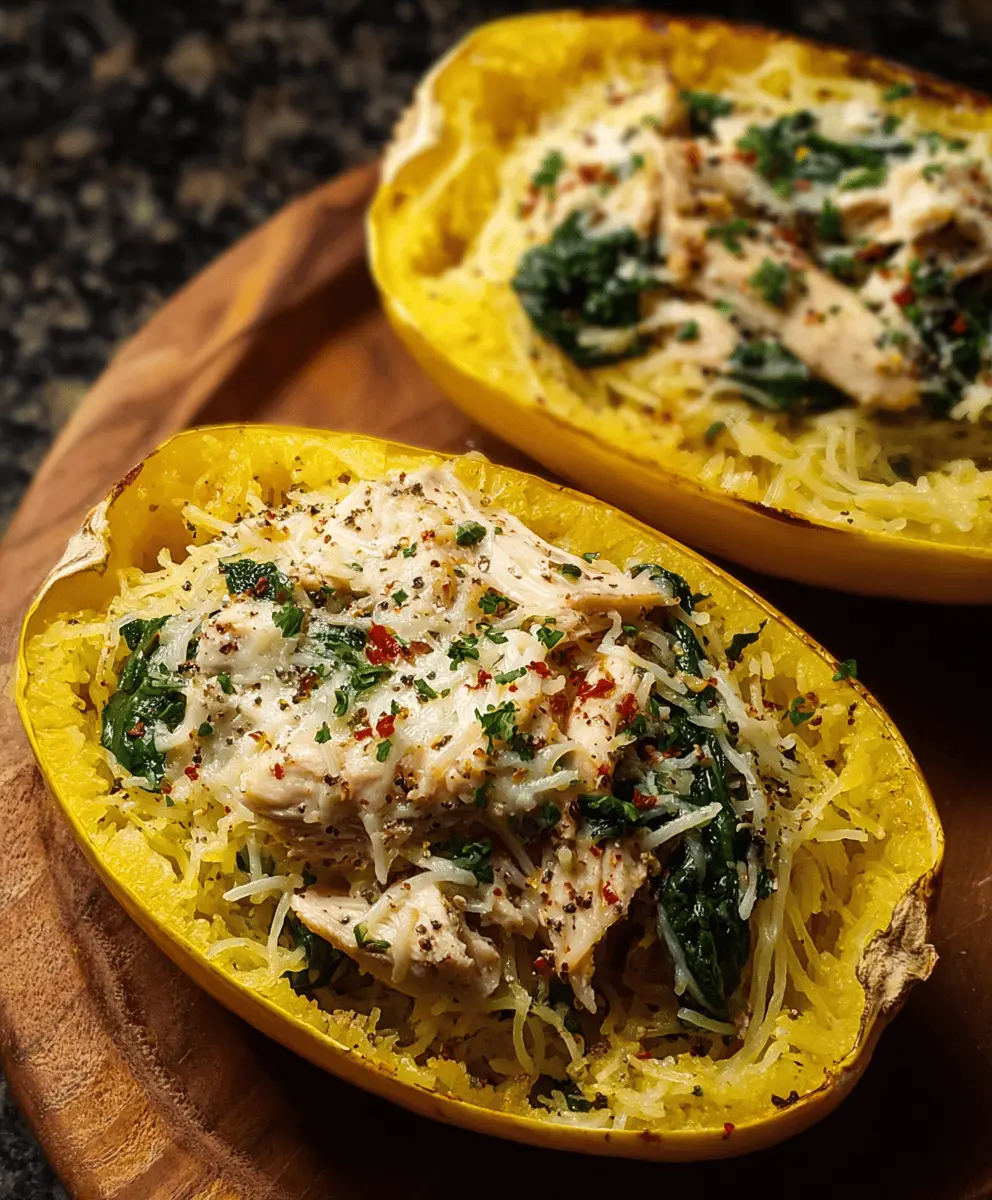 Garlic Parmesan Stuffed Spaghetti Squash with Chicken and Spinach