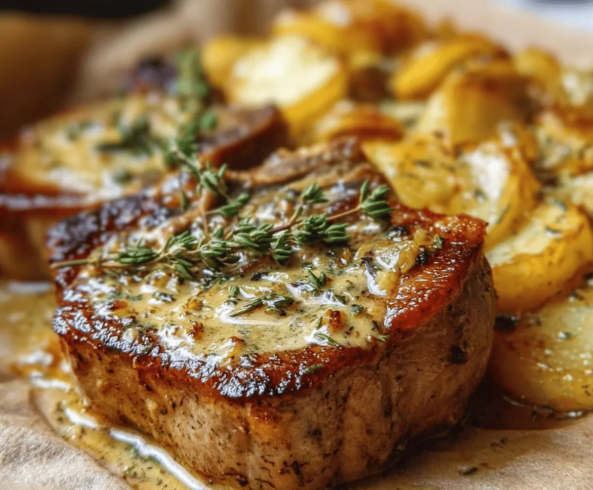 Garlic Butter Pork Chops with Cheesy Potato Bake