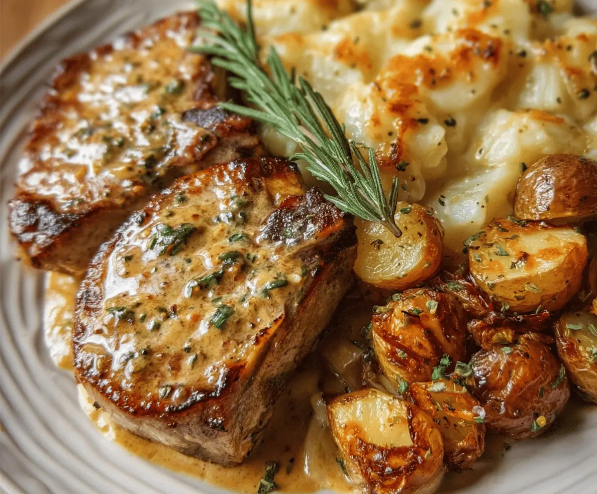 Garlic Butter Pork Chops with Cheesy Potato Bake