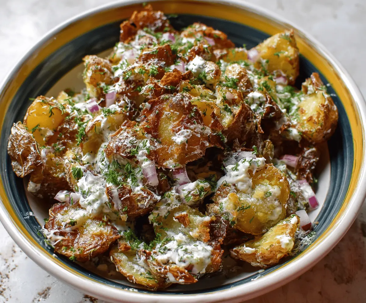 Crispy Smashed Potato Salad with Garlic Herb Dressing