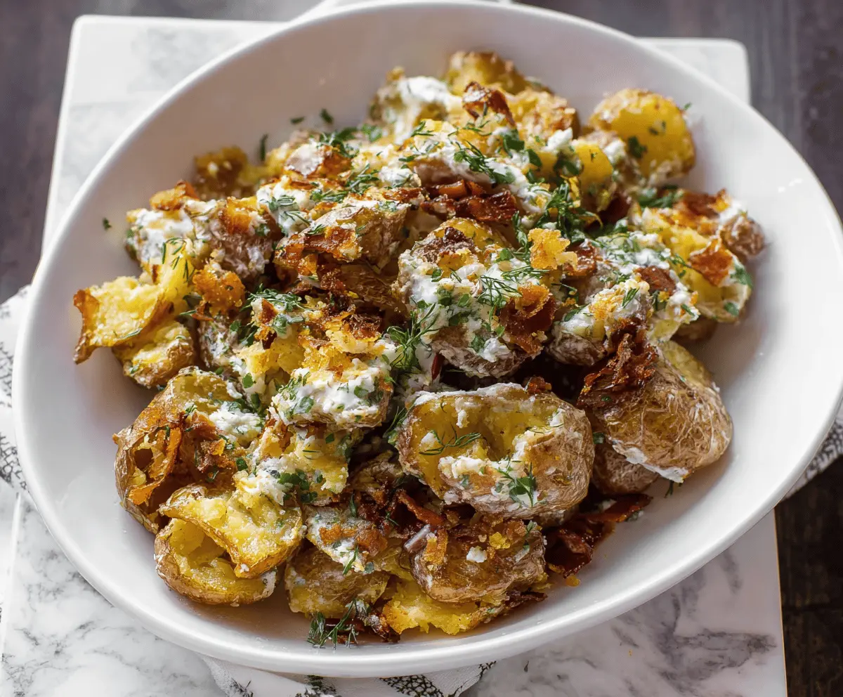 Crispy Smashed Potato Salad with Garlic Herb Dressing