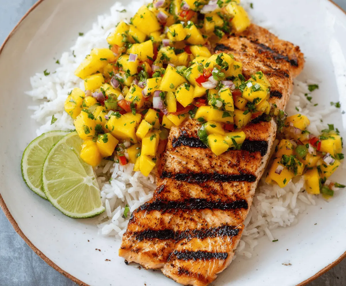 Grilled Salmon with Fresh Mango Salsa and Coconut Rice