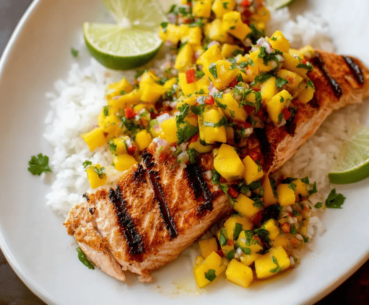 Grilled Salmon with Fresh Mango Salsa and Coconut Rice