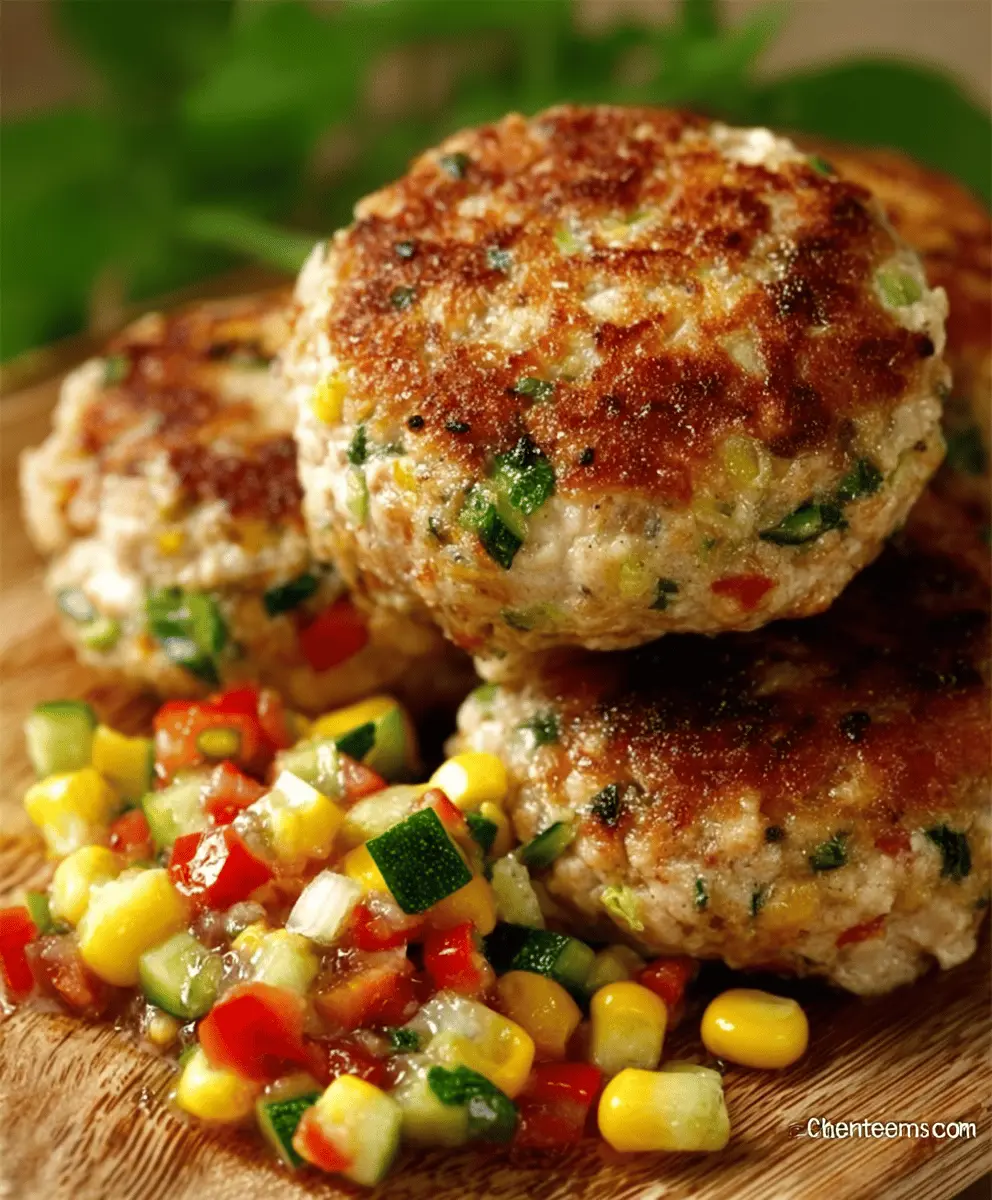 Healthy Chicken Zucchini Corn Burgers with Fresh Tomato Cucumber Relish