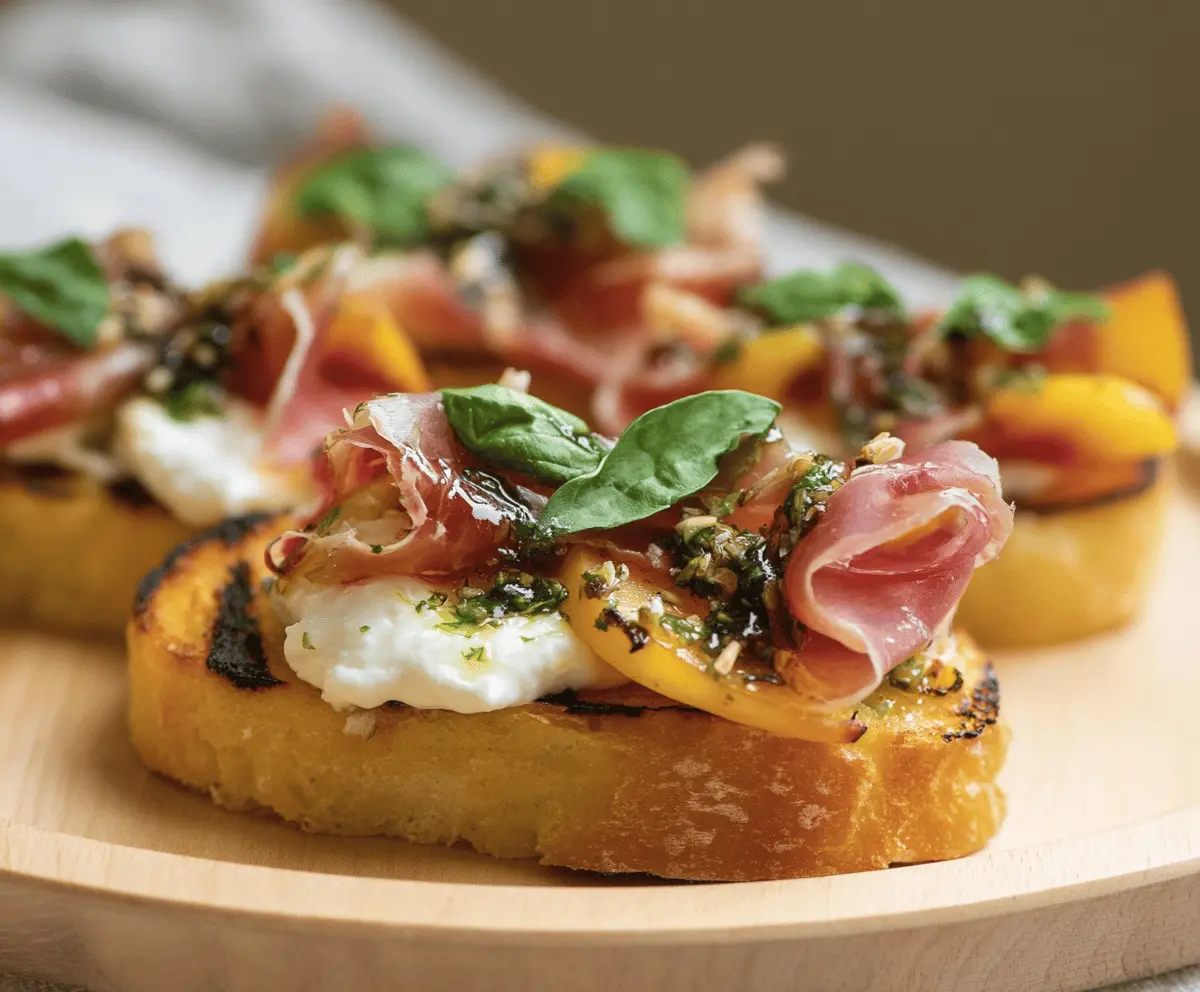 Cheesy Burrata Crostini with Sweet Prosciutto and Peaches