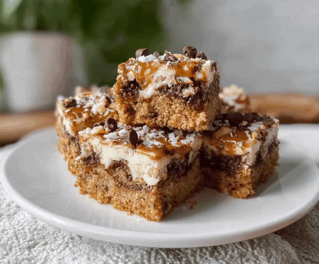 Delicious 7 Layer Cake Bars with colorful layers and chocolate topping on a plate