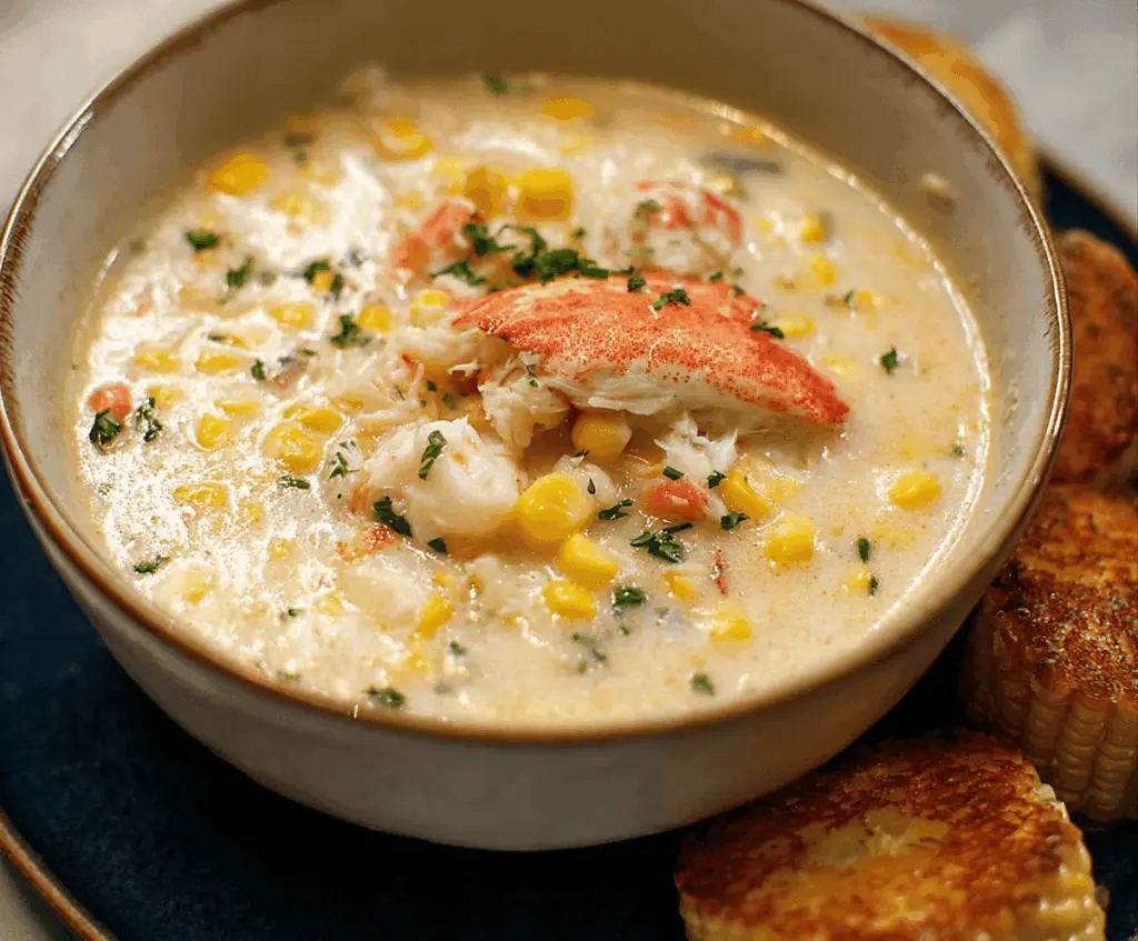 Creamy Crab and Corn Chowder featuring fresh crab meat, sweet corn, and herbs in a bowl, inspired by Bobby Flay's recipe.