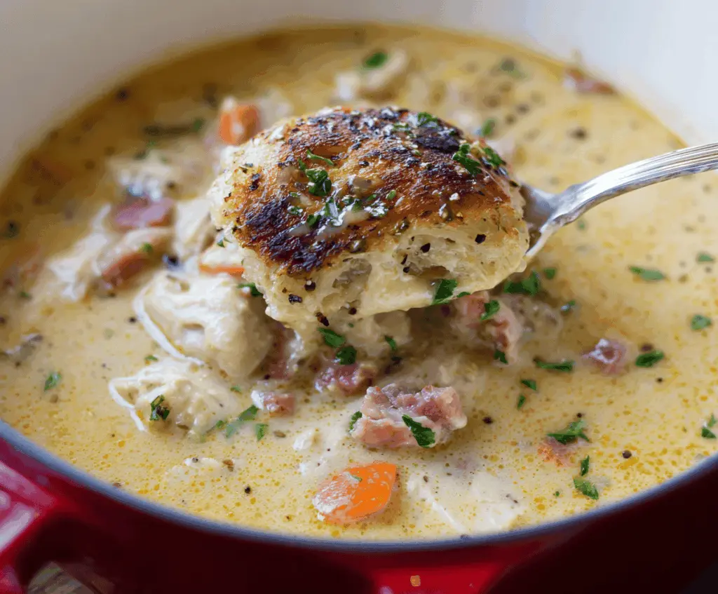 Creamy Chicken Cordon Bleu Soup with tender chicken, ham, and melted cheese, garnished with fresh herbs in a comforting bowl.