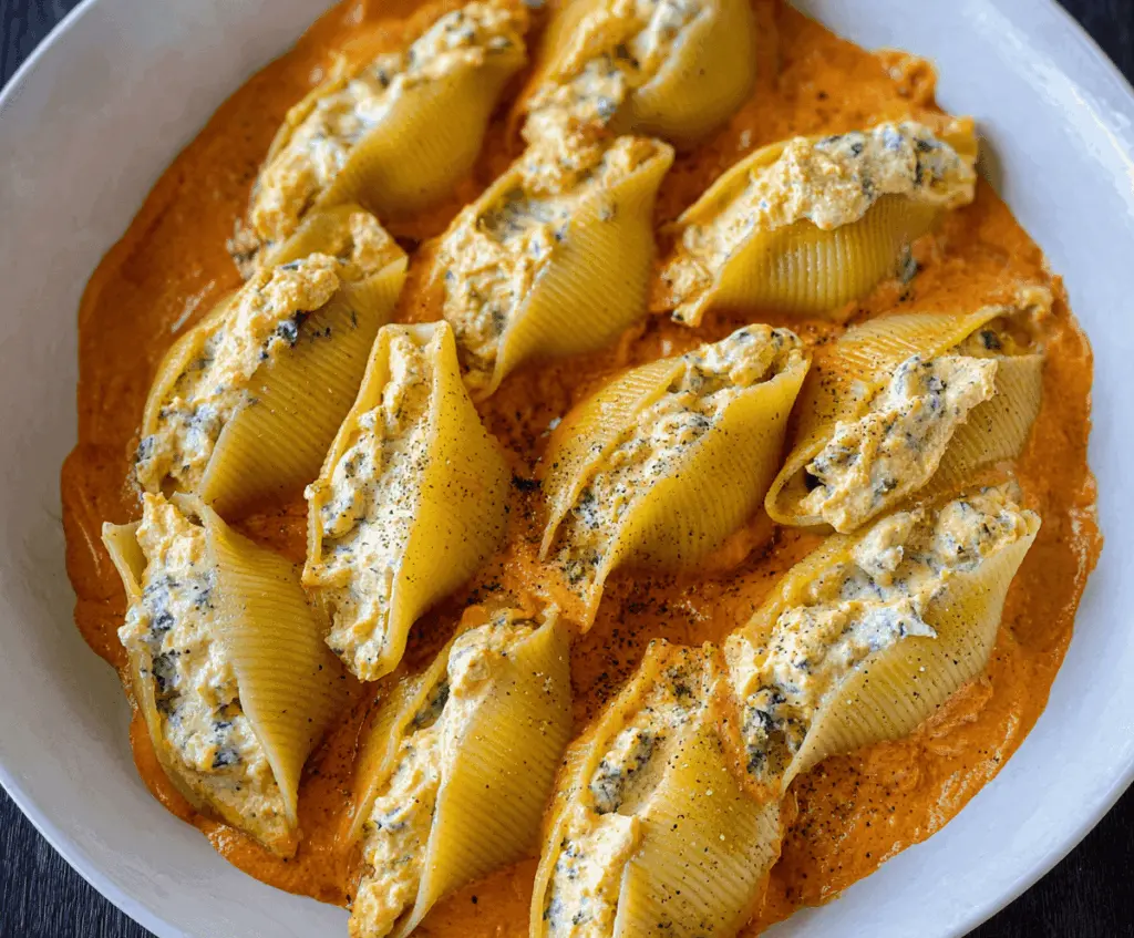 Creamy pumpkin and ricotta stuffed pasta shells baked to perfection, topped with herbs for a delicious fall-inspired dish.