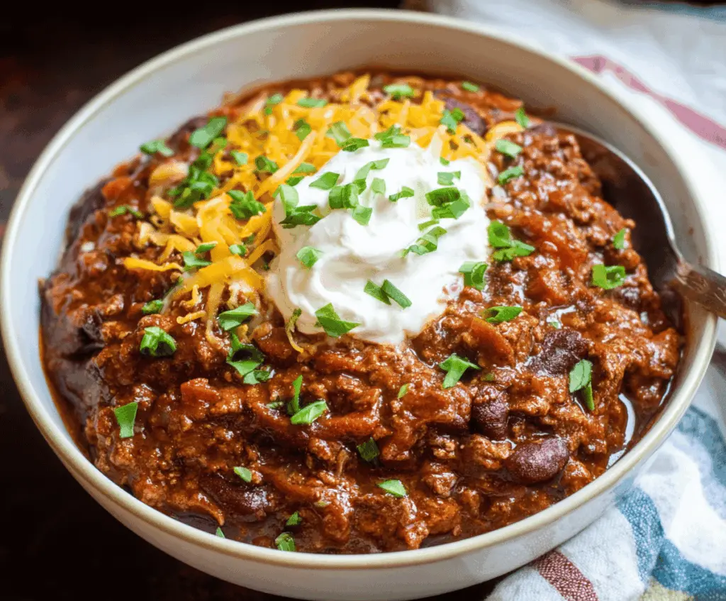 Hearty Texas Roadhouse Chili served in a bowl with toppings, featuring rich beef, beans, and spices, perfect for a comforting meal.