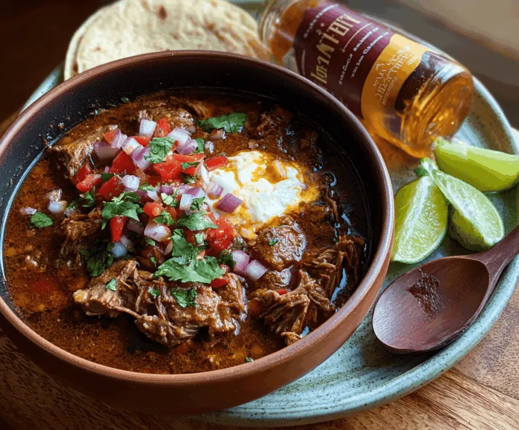 A delicious bowl of Easy Chili Colorado Inspired Stew featuring tender beef, rich red chili sauce, and fresh garnishes served in a rustic bowl.