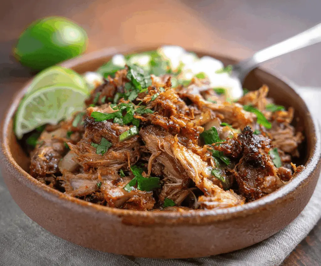 Delicious homemade easy keto carnitas served with fresh lime and cilantro on a plate