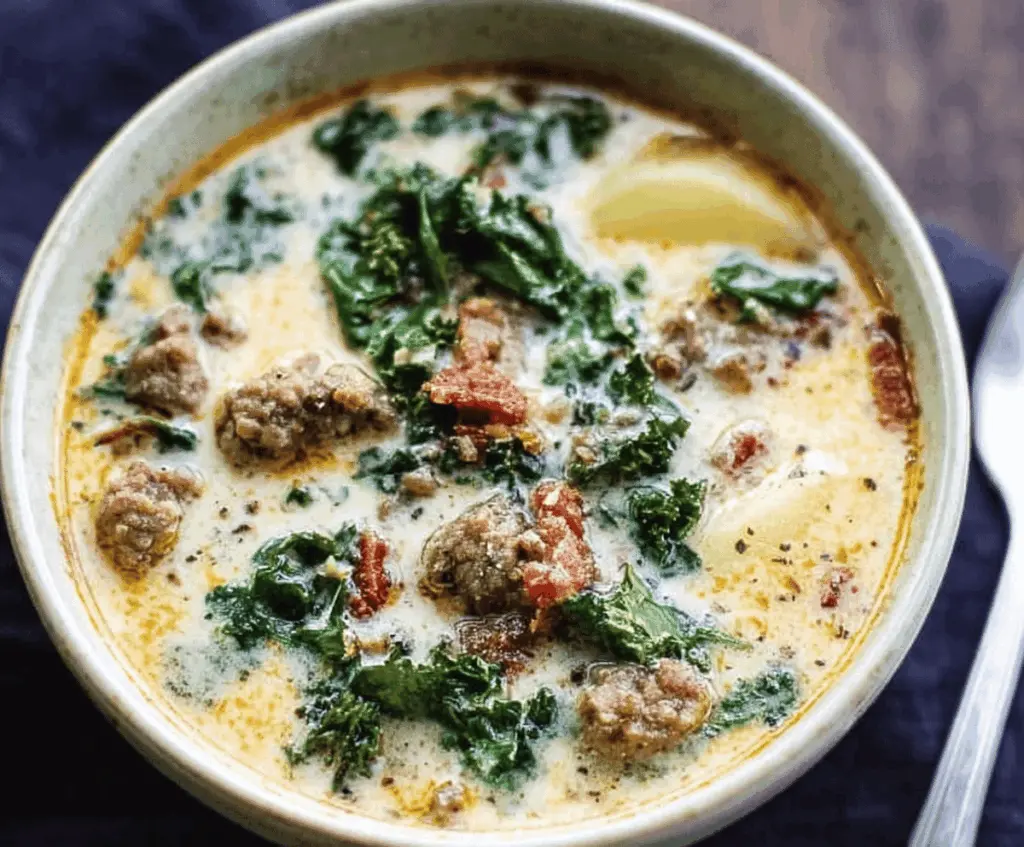 Creamy Zuppa Toscana soup with crispy bacon, kale, and Italian sausage in a bowl, perfect for a comforting meal
