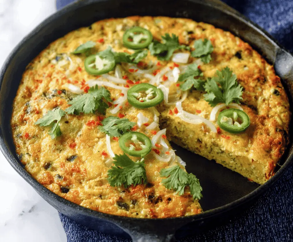 Delicious Green Chili Frittata topped with fresh herbs, showcasing a fluffy egg dish with vibrant green chilies and melted cheese