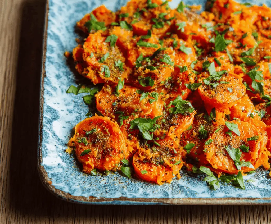 Colorful bowl of healthy smashed carrots garnished with herbs, perfect for a nutritious side dish or snack