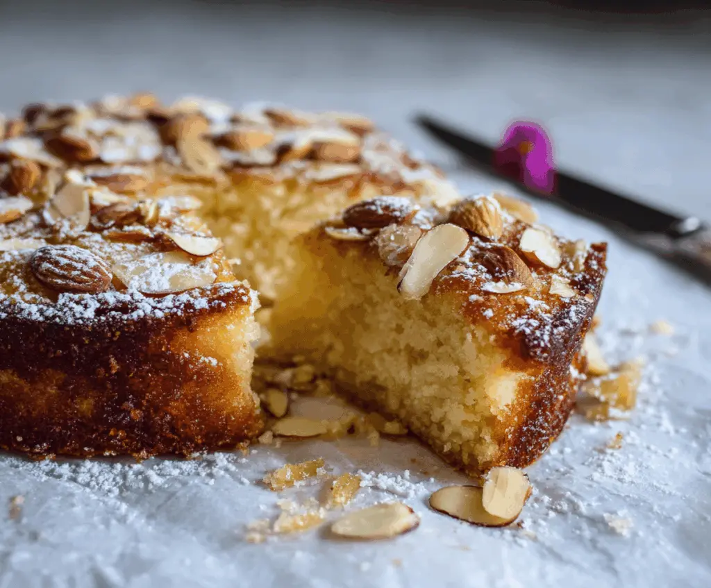 Delicious honey-soaked gluten-free almond cake topped with sliced almonds and fresh berries on a rustic wooden table
