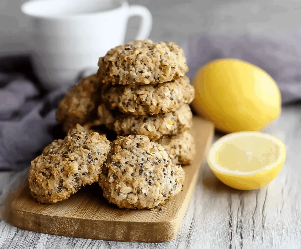 Delicious Lemon Chia Breakfast Cookies on a white plate, featuring bright lemon zest, chia seeds, and a golden-brown crust, perfect for a healthy morning snack.