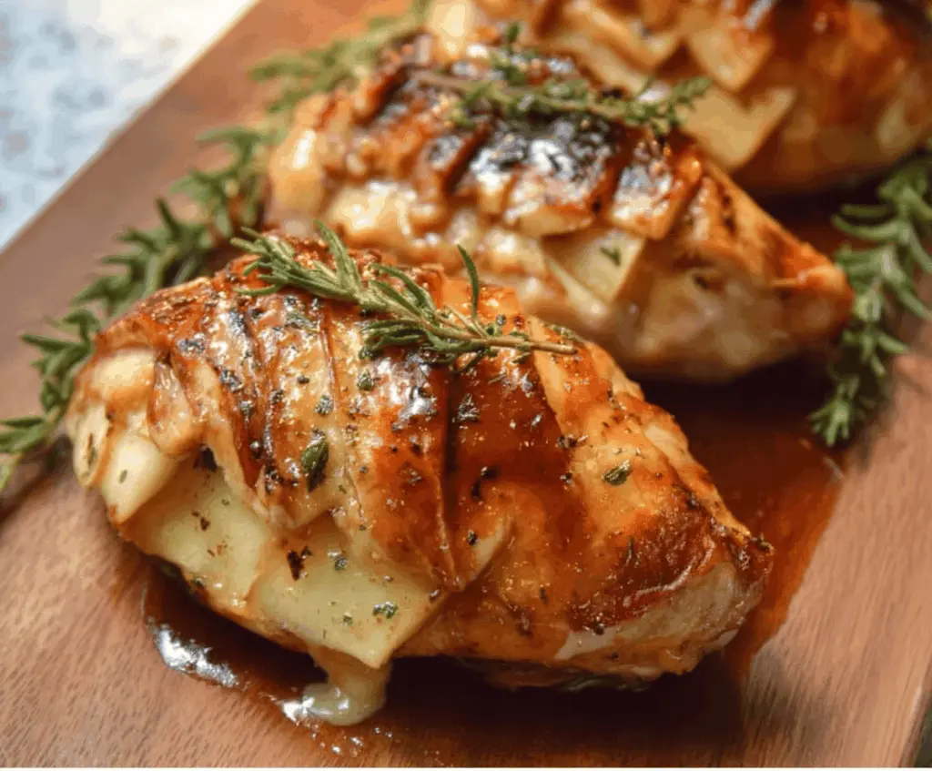 Juicy chicken breast stuffed with melted Brie cheese and crisp apple slices, glazed with sweet maple syrup for a flavorful Maple Glazed Apple and Brie Stuffed Chicken recipe.