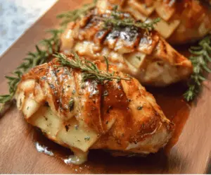Juicy chicken breast stuffed with melted Brie cheese and crisp apple slices, glazed with sweet maple syrup for a flavorful Maple Glazed Apple and Brie Stuffed Chicken recipe.