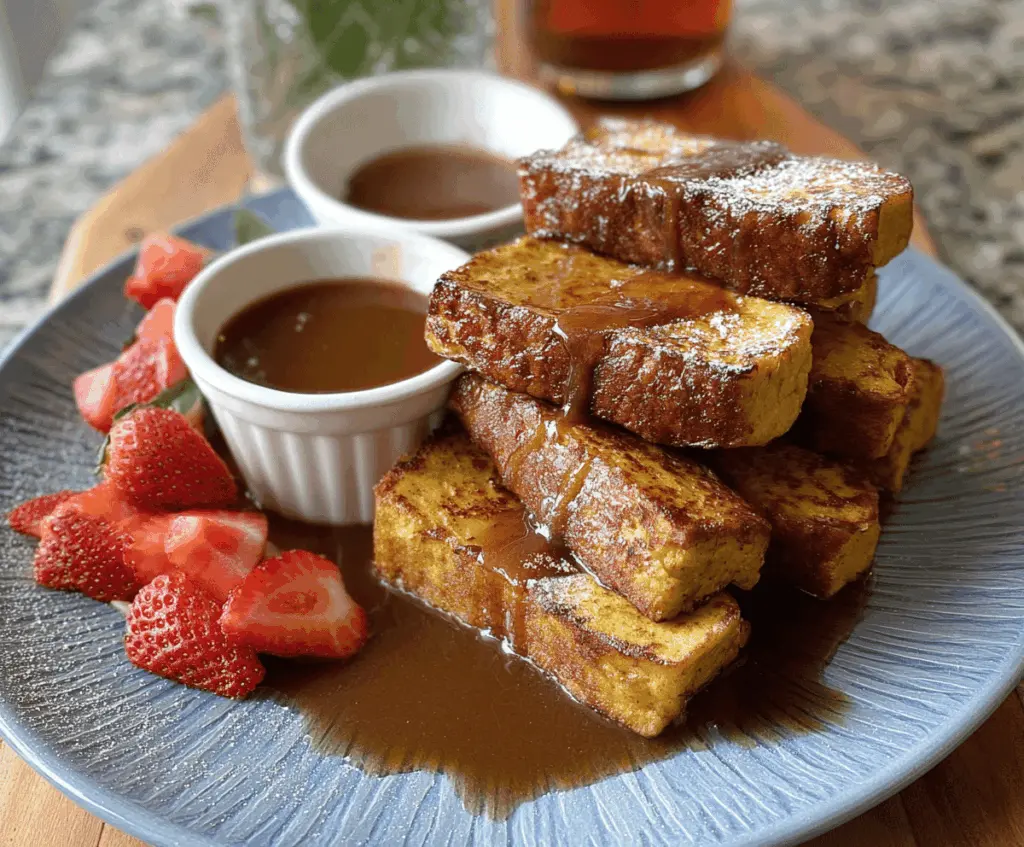 Delicious Paleo Caramel French Toast Dippers served with fresh berries and maple syrup on a rustic plate