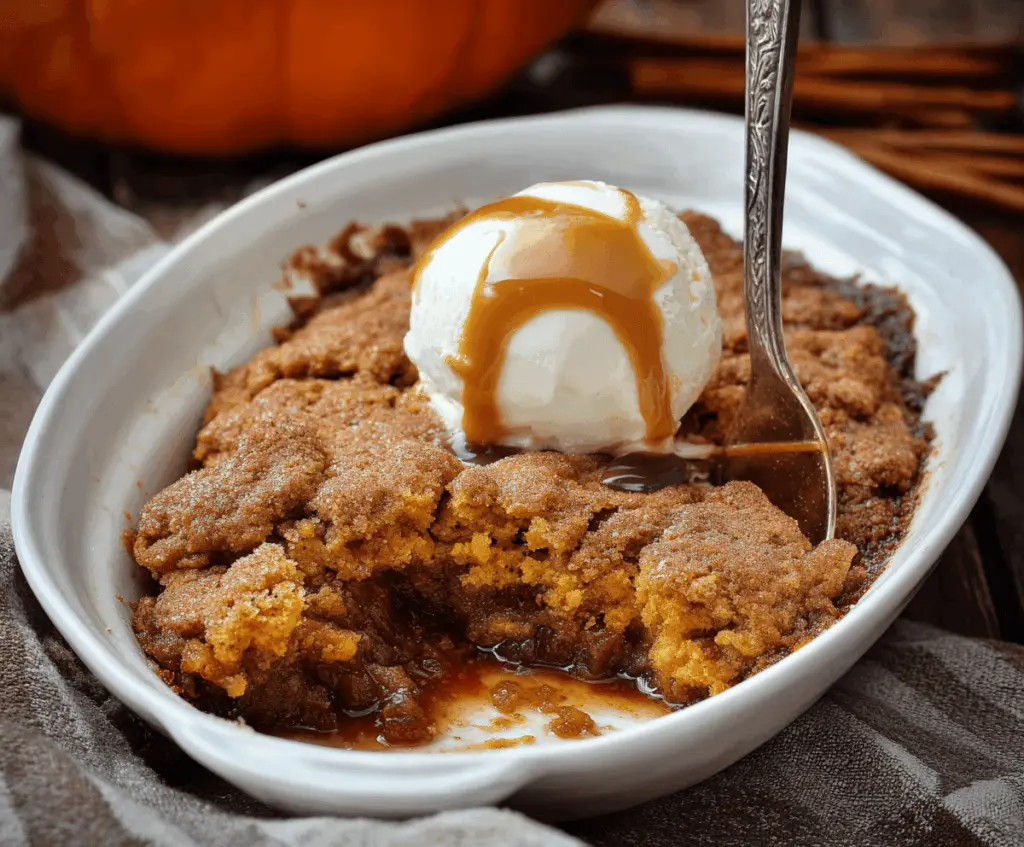 Delicious homemade pumpkin cobbler topped with golden crust and cinnamon, served warm in a baking dish