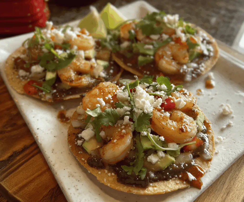 Delicious shrimp tostadas topped with fresh vegetables and herbs on crispy tortillas, perfect for a flavorful Mexican appetizer or snack.