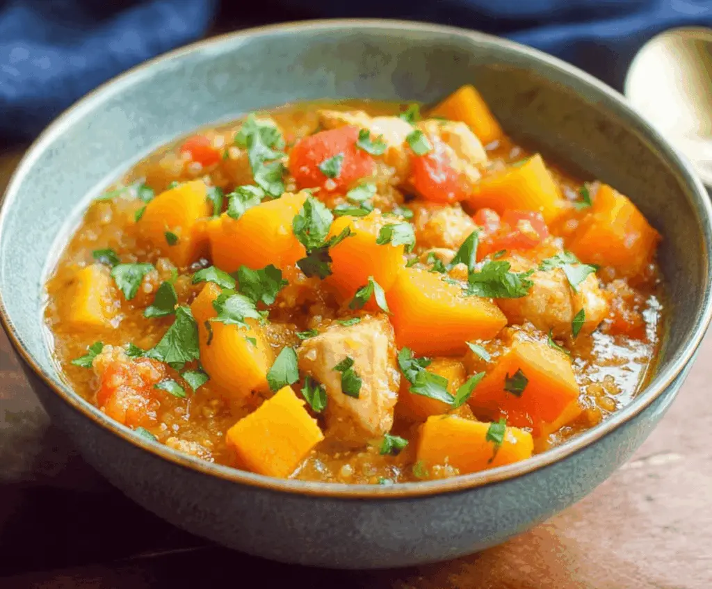 Creamy slow cooker chicken and butternut squash stew in a bowl with herbs, perfect for cozy comfort meals
