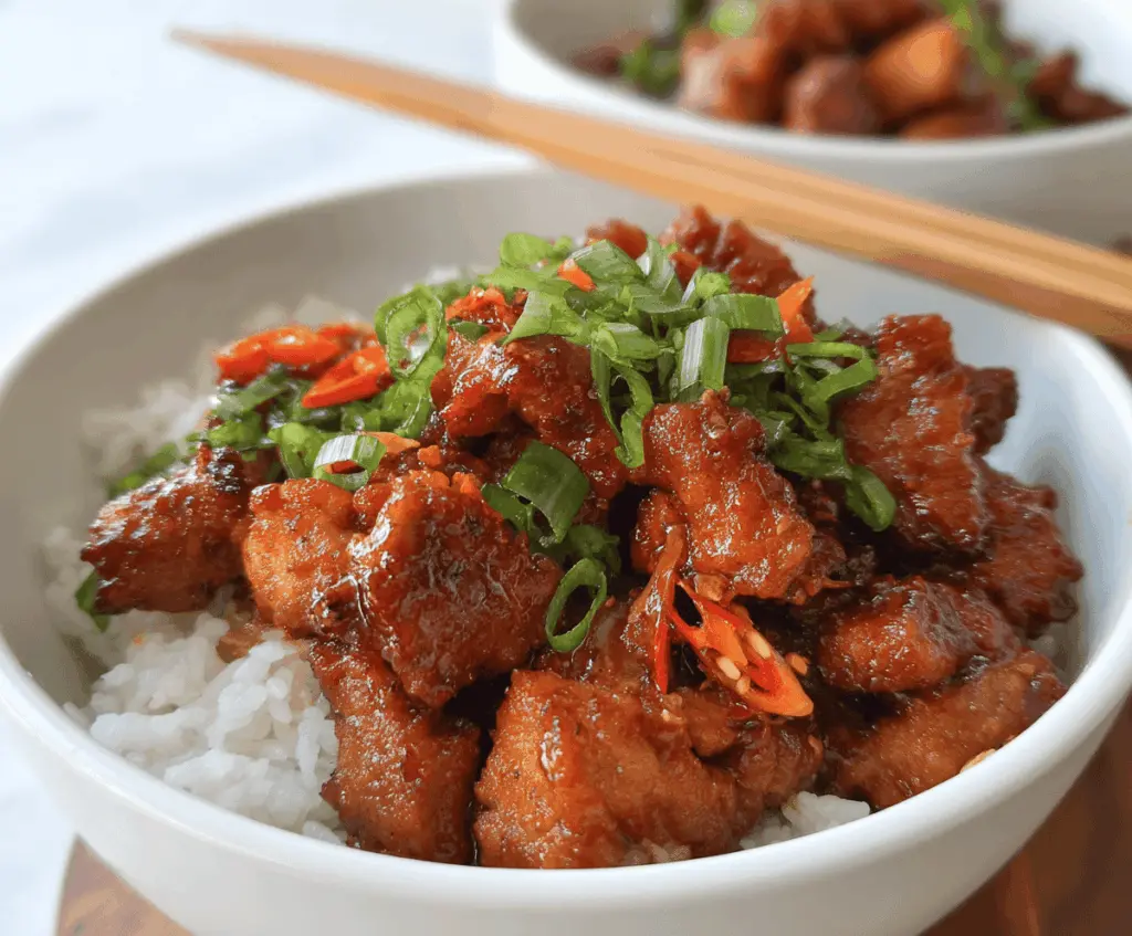 Delicious spicy garlic ginger pork stir-fry garnished with fresh herbs on a white plate, perfect for a flavorful Asian-inspired meal.