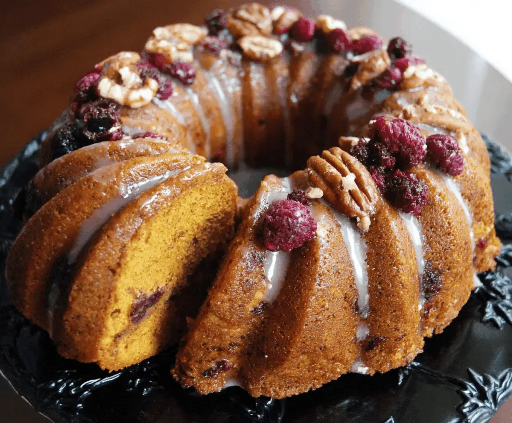 Delicious homemade Thanksgiving Bundt Cake decorated with autumn leaves and cinnamon sticks, perfect for holiday celebrations.