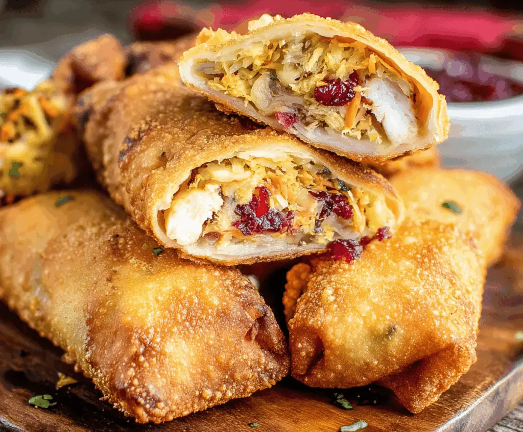 Delicious homemade Thanksgiving egg rolls filled with turkey, stuffing, and cranberry sauce on a festive plate