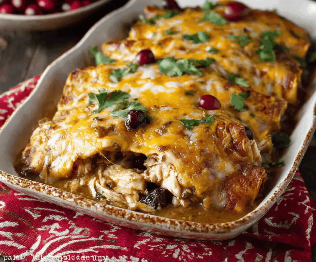 Delicious Thanksgiving Enchiladas topped with melted cheese, garnished with fresh cilantro and served with sides, perfect for a festive holiday meal.