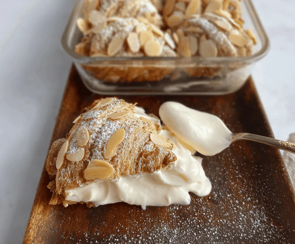 Golden almond croissant served with crispy Weet-Bix cereal, topped with sliced almonds and a drizzle of honey for a delicious breakfast treat.