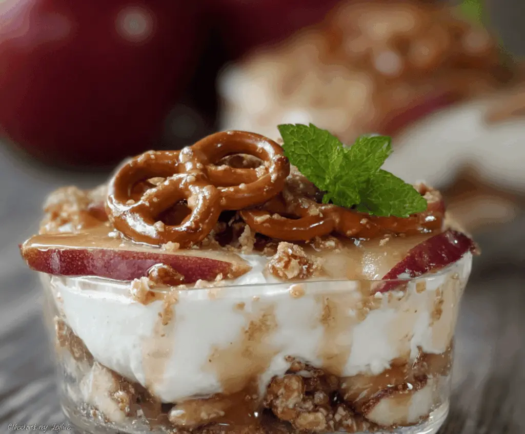 Creamy apple cinnamon pretzel salad topped with fresh apple slices and cinnamon, served in a glass dish.