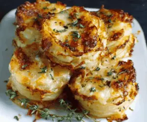 Golden Au Gratin Potato Stacks topped with melted cheese and herbs on a rustic plate.