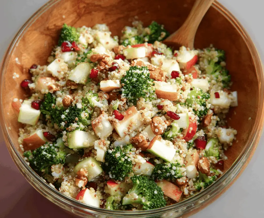 Colorful Broccoli Apple Quinoa Salad with fresh vegetables and grains, perfect for a healthy, nutritious meal