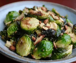 Delicious Brussels Sprouts with Brown Butter and Crunchy Almonds, perfect for a healthy side dish.