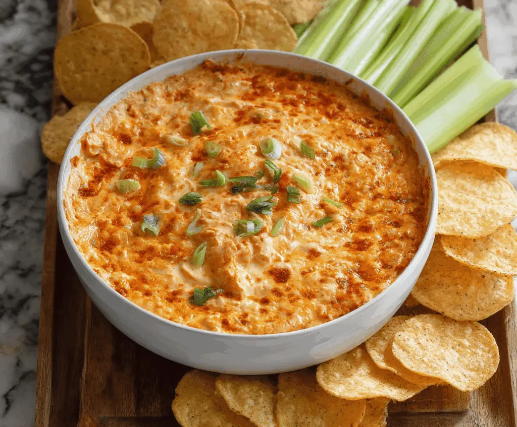 Creamy Buffalo Ranch Dip served in a bowl with fresh celery and carrot sticks, perfect for parties and snacking