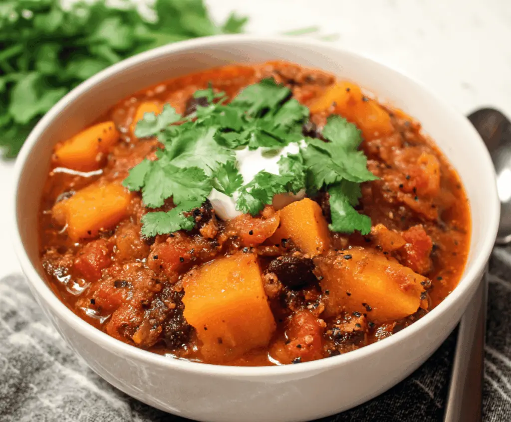 Creamy butternut squash chili topped with fresh herbs and colorful vegetables, perfect for a hearty and healthy meal.
