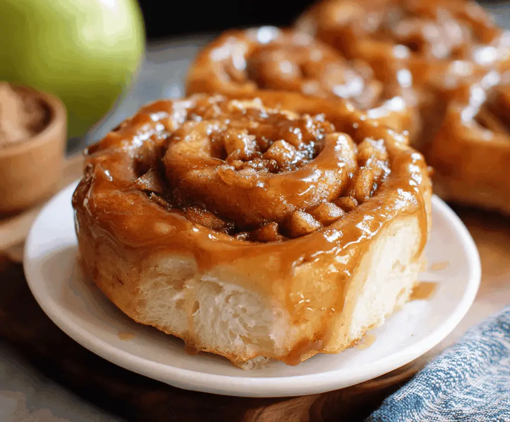 Delicious caramel apple cinnamon rolls topped with rich caramel glaze and cinnamon for a sweet breakfast treat.