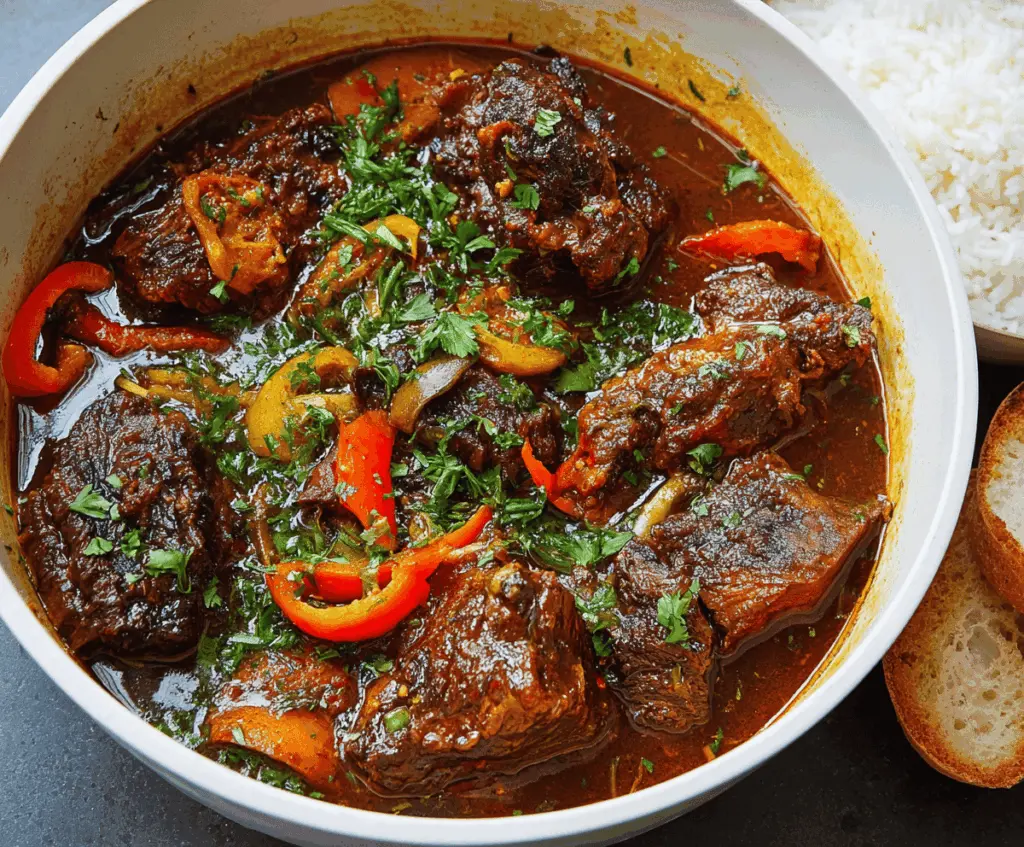 Hearty Caribbean Beef Pepper Pot Inspired Stew with tender beef, colorful peppers, and savory spices in a rustic bowl