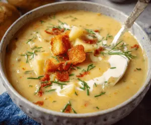 A bowl of cozy vegan potato soup topped with herbs, showcasing a creamy and hearty plant-based meal.