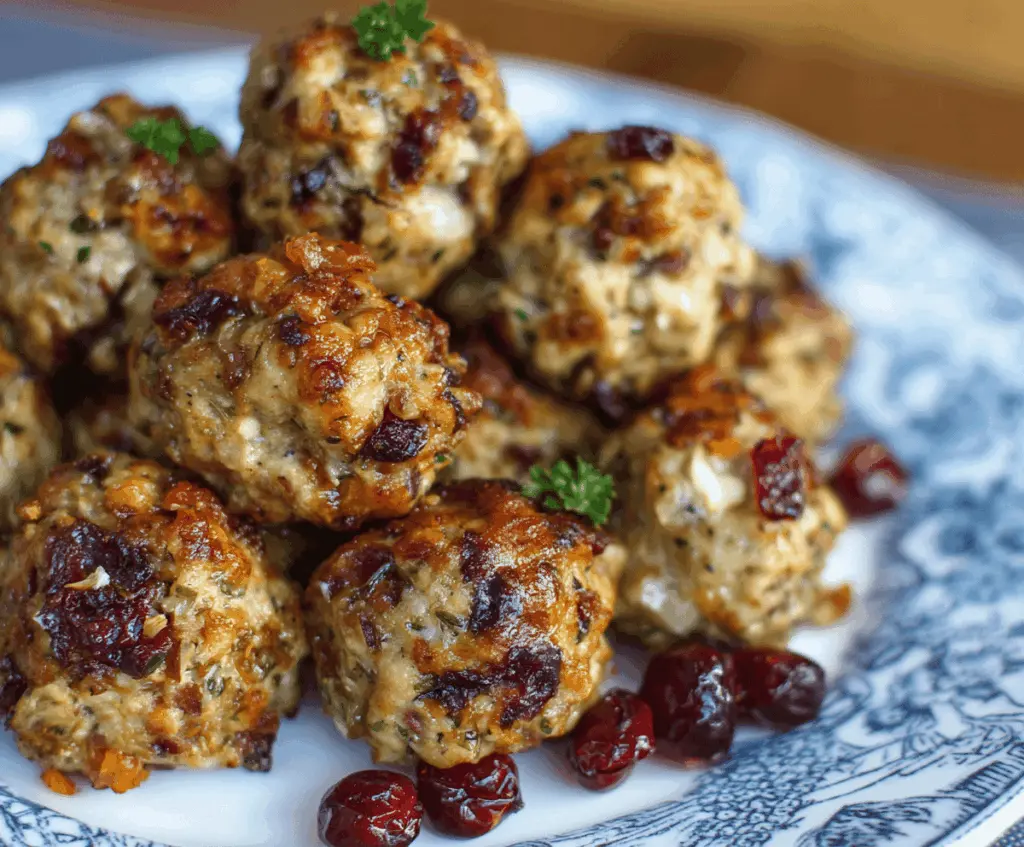 Golden cranberry turkey stuffing balls served on a plate, featuring crispy exterior and savory stuffing inside, perfect for holiday appetizers.