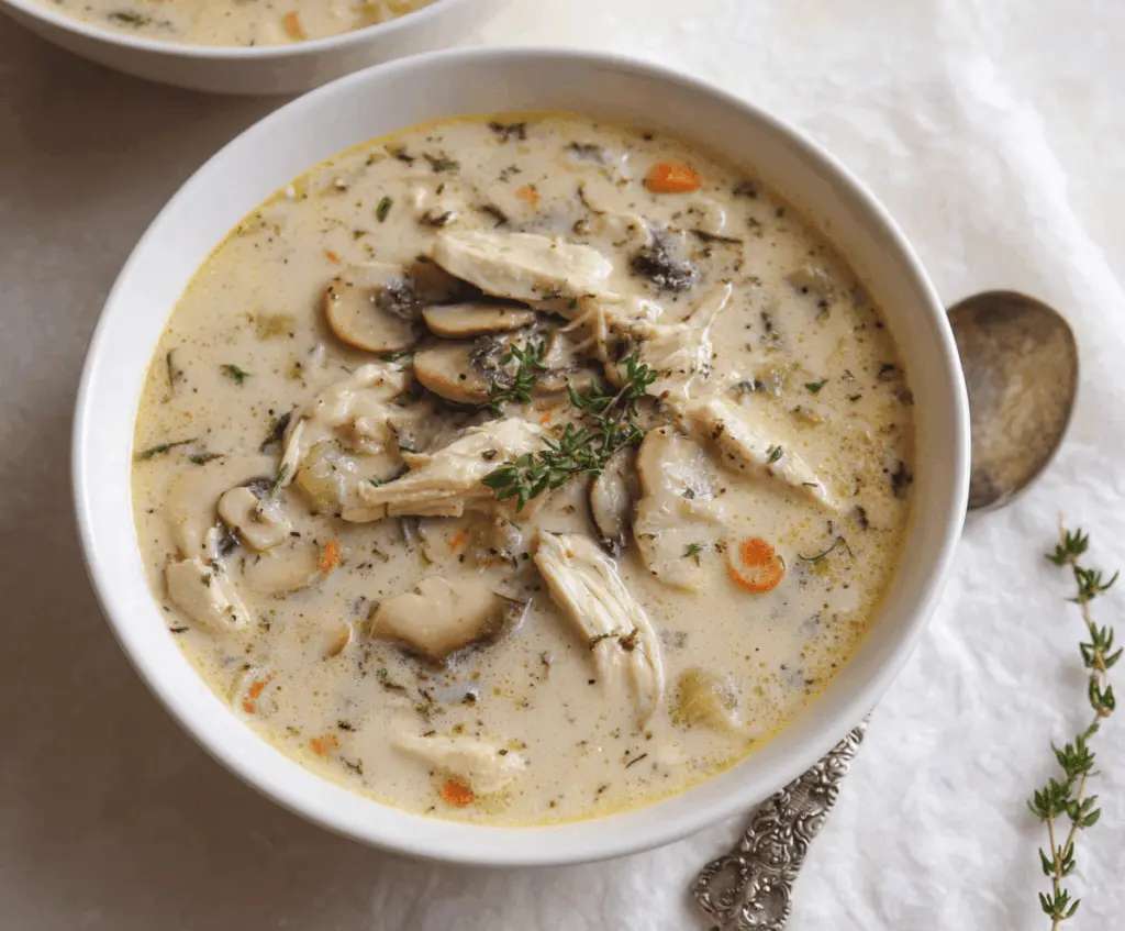 Creamy chicken and mushroom soup in a bowl, garnished with fresh herbs, perfect for a cozy meal.