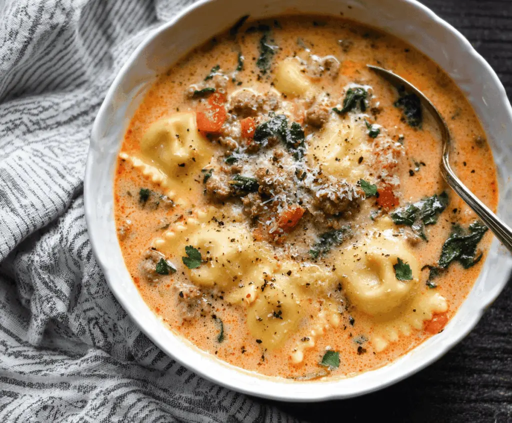 Creamy ravioli soup with sausage and fresh herbs in a bowl, featuring bubbling, cheesy broth and colorful ingredients for a comforting meal.