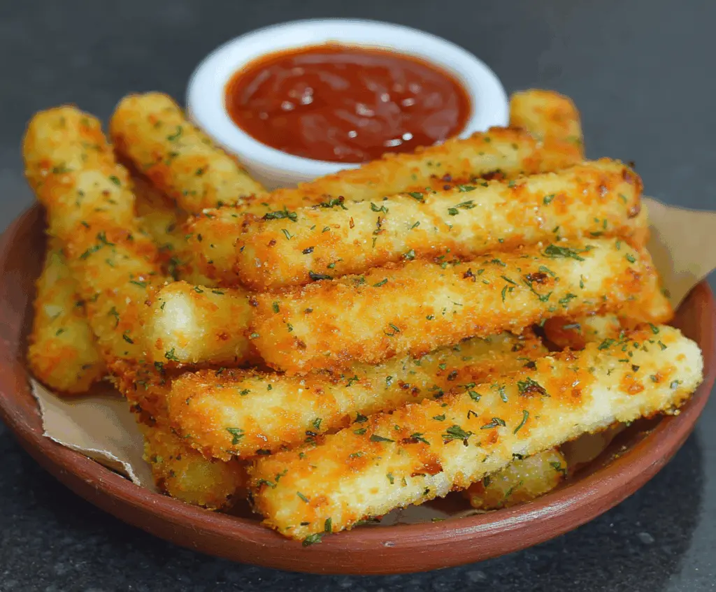 Golden crispy homemade potato cheese sticks served with dipping sauce, perfect for snacks or parties