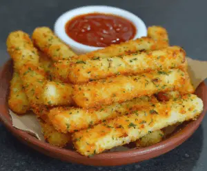 Golden crispy homemade potato cheese sticks served with dipping sauce, perfect for snacks or parties