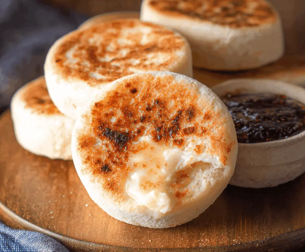 Freshly baked homemade English muffins with characteristic crannies, perfect for breakfast or sandwiches.