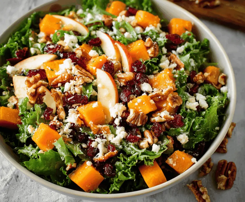 Colorful Fall Harvest Salad with roasted butternut squash, crisp apples, mixed greens, and nuts, perfect for autumn gatherings.